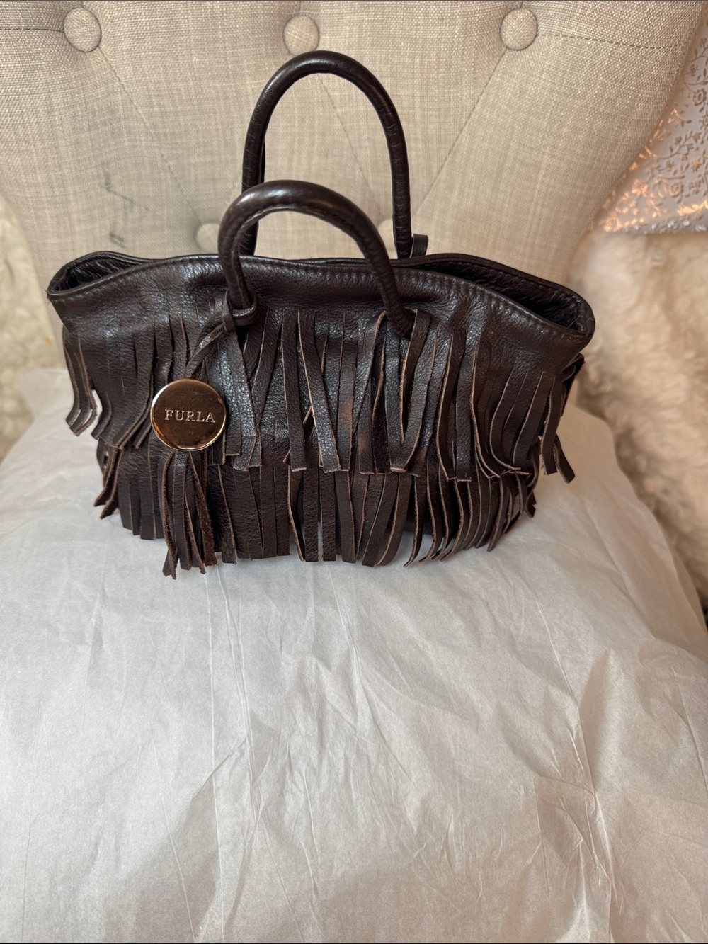 Furla Dark Brown Leather Fringe Satchel